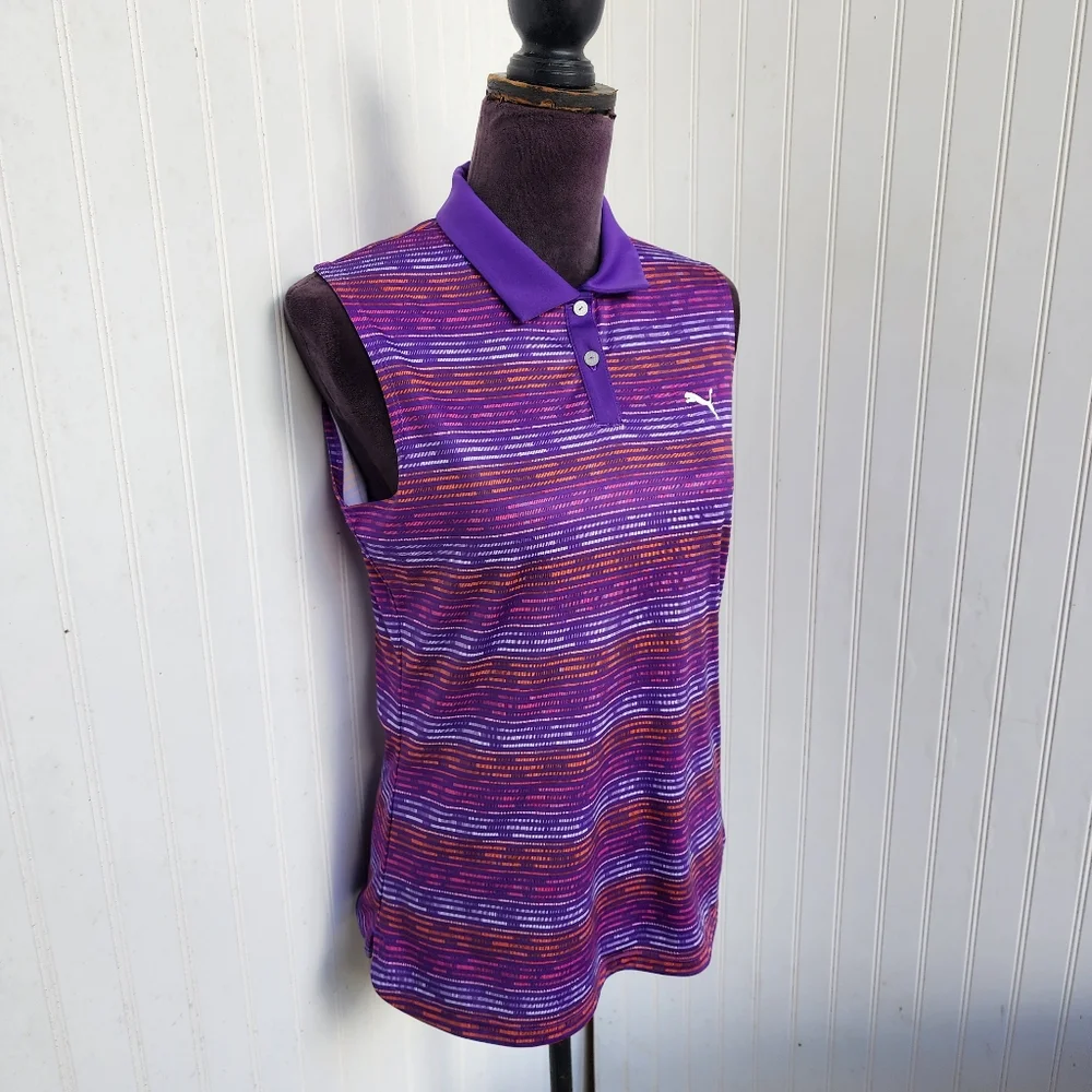 Puma Golf Sleeveless Polo Shirt Purple Striped Athletic DryCELL Top Womens Sz M - Picture 2 of 14
